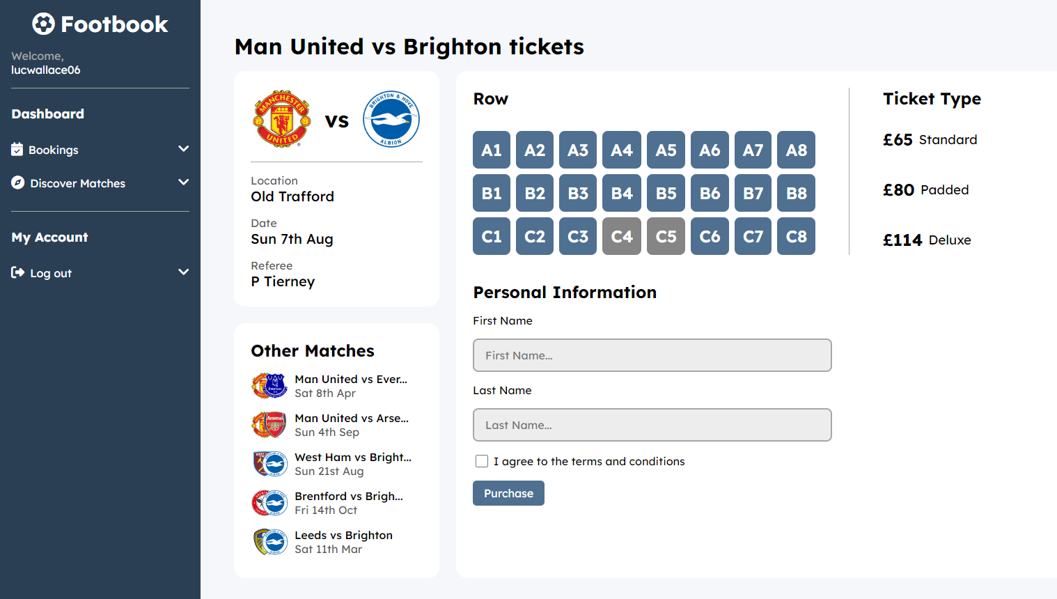 A screenshot of my football match booking system, footbook.